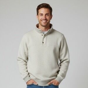 Orvis Quarter Zip Pullover Mens Large Oatmeal Grey Excellent Mock Neck Snap